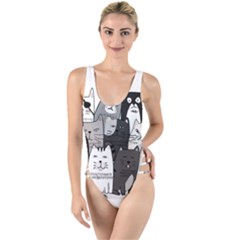 Cute Cat Hand Drawn Cartoon Style High Leg Strappy Swimsuit