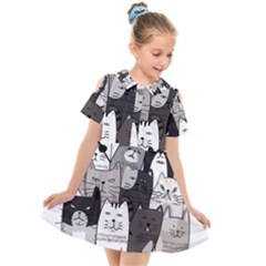 Cute Cat Hand Drawn Cartoon Style Kids  Short Sleeve Shirt Dress by Jancukart