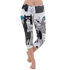 Cute Cat Hand Drawn Cartoon Style Lightweight Velour Capri Yoga Leggings