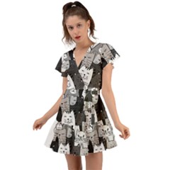 Cute Cat Hand Drawn Cartoon Style Flutter Sleeve Wrap Dress