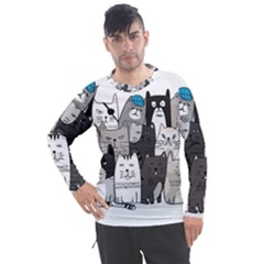 Cute Cat Hand Drawn Cartoon Style Men s Pique Long Sleeve Tee