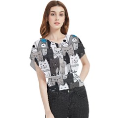 Cute Cat Hand Drawn Cartoon Style Butterfly Chiffon Blouse