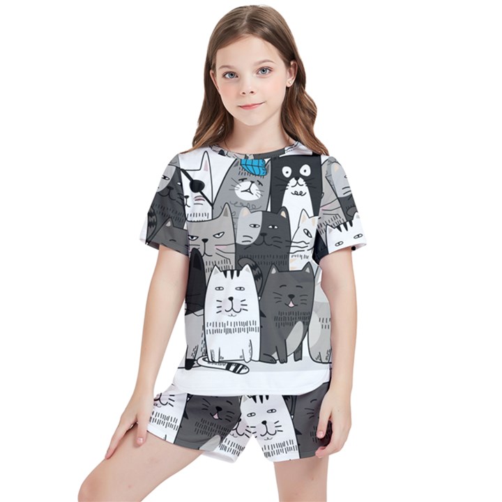 Cute Cat Hand Drawn Cartoon Style Kids  Tee and Sports Shorts Set