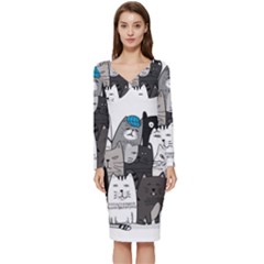 Cute Cat Hand Drawn Cartoon Style Long Sleeve V-neck Bodycon Dress 