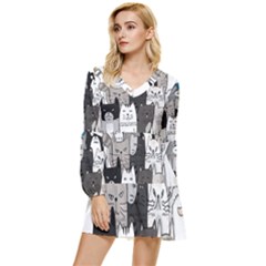 Cute Cat Hand Drawn Cartoon Style Tiered Long Sleeve Mini Dress by Jancukart