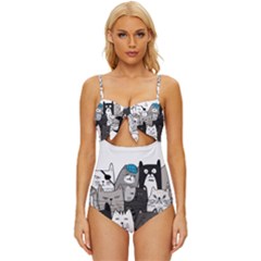 Cute Cat Hand Drawn Cartoon Style Knot Front One-piece Swimsuit by Jancukart