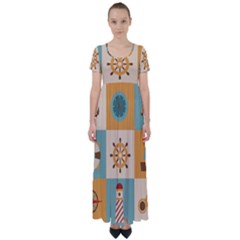 Nautical-elements-collection High Waist Short Sleeve Maxi Dress