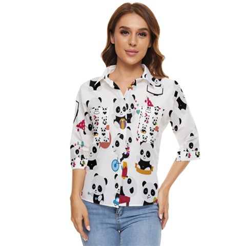 Playing-pandas-cartoons Women s Quarter Sleeve Pocket Shirt by Jancukart