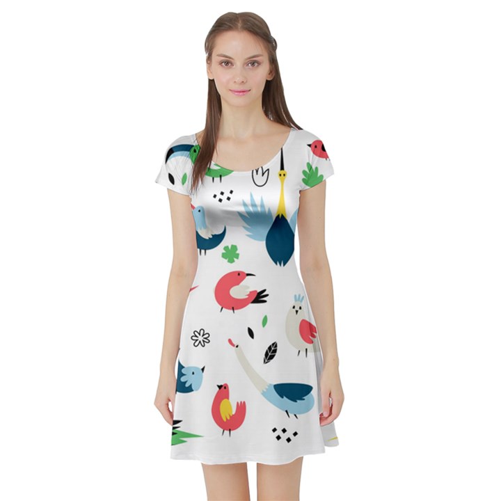 Vector-set-isolates-with-cute-birds-scandinavian-style Short Sleeve Skater Dress