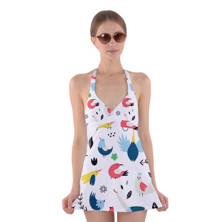 Vector-set-isolates-with-cute-birds-scandinavian-style Halter Dress Swimsuit 