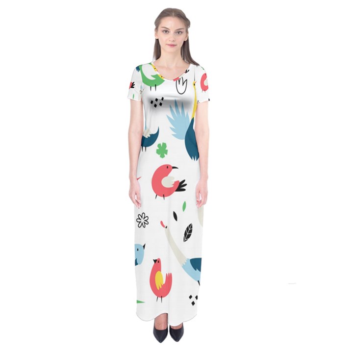 Vector-set-isolates-with-cute-birds-scandinavian-style Short Sleeve Maxi Dress