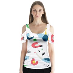 Vector-set-isolates-with-cute-birds-scandinavian-style Butterfly Sleeve Cutout Tee 