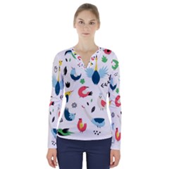 Vector-set-isolates-with-cute-birds-scandinavian-style V-neck Long Sleeve Top by Jancukart