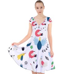 Vector-set-isolates-with-cute-birds-scandinavian-style Cap Sleeve Front Wrap Midi Dress