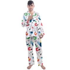 Vector-set-isolates-with-cute-birds-scandinavian-style Men s Long Sleeve Satin Pajamas Set by Jancukart