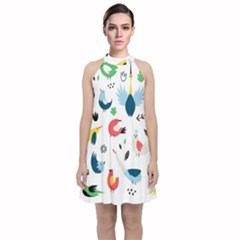 Vector-set-isolates-with-cute-birds-scandinavian-style Velvet Halter Neckline Dress 