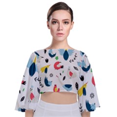 Vector-set-isolates-with-cute-birds-scandinavian-style Tie Back Butterfly Sleeve Chiffon Top