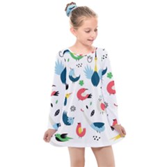 Vector-set-isolates-with-cute-birds-scandinavian-style Kids  Long Sleeve Dress