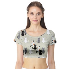 Cute-cat-seamless-pattern Short Sleeve Crop Top