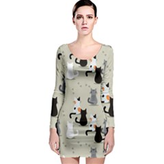 Cute-cat-seamless-pattern Long Sleeve Bodycon Dress