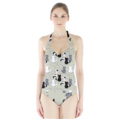 Cute-cat-seamless-pattern Halter Swimsuit