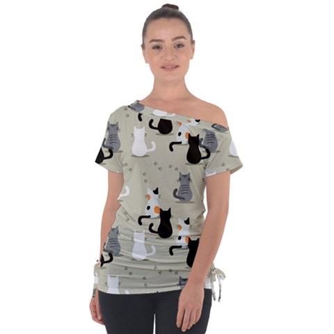 Cute-cat-seamless-pattern Off Shoulder Tie-up Tee by Jancukart