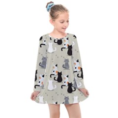 Cute-cat-seamless-pattern Kids  Long Sleeve Dress