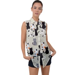 Cute-cat-seamless-pattern Sleeveless Chiffon Button Shirt