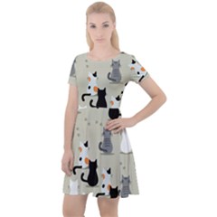 Cute-cat-seamless-pattern Cap Sleeve Velour Dress 