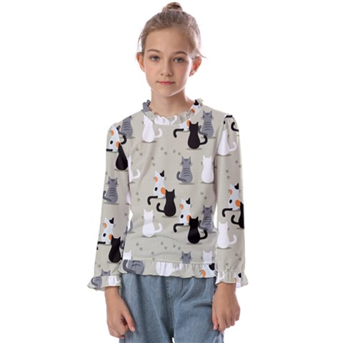 Cute-cat-seamless-pattern Kids  Frill Detail Tee by Jancukart