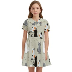 Cute-cat-seamless-pattern Kids  Bow Tie Puff Sleeve Dress