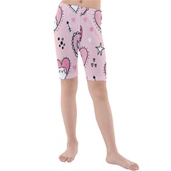 Cartoon-cute-valentines-day-doodle-heart-love-flower-seamless-pattern-vector Kids  Mid Length Swim Shorts