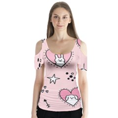 Cartoon-cute-valentines-day-doodle-heart-love-flower-seamless-pattern-vector Butterfly Sleeve Cutout Tee 