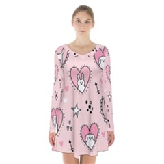 Cartoon-cute-valentines-day-doodle-heart-love-flower-seamless-pattern-vector Long Sleeve Velvet V-neck Dress