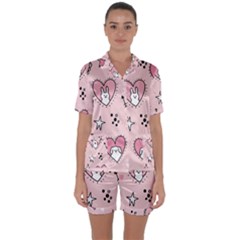 Cartoon-cute-valentines-day-doodle-heart-love-flower-seamless-pattern-vector Satin Short Sleeve Pajamas Set