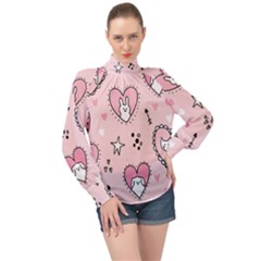 Cartoon-cute-valentines-day-doodle-heart-love-flower-seamless-pattern-vector High Neck Long Sleeve Chiffon Top