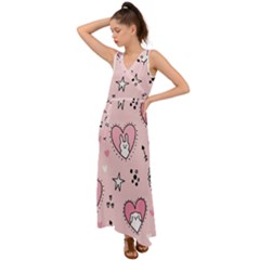 Cartoon-cute-valentines-day-doodle-heart-love-flower-seamless-pattern-vector V-neck Chiffon Maxi Dress by Jancukart