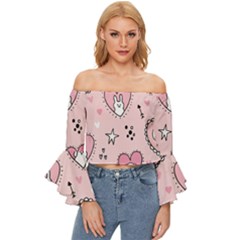 Cartoon-cute-valentines-day-doodle-heart-love-flower-seamless-pattern-vector Off Shoulder Flutter Bell Sleeve Top