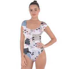 Cute-cat-couple-seamless-pattern-cartoon Short Sleeve Leotard 