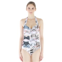 Cute-cat-couple-seamless-pattern-cartoon Halter Swimsuit by Jancukart