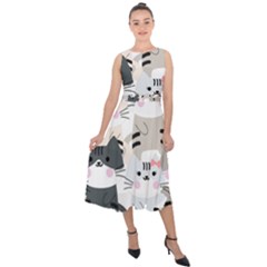 Cute-cat-couple-seamless-pattern-cartoon Midi Tie-back Chiffon Dress