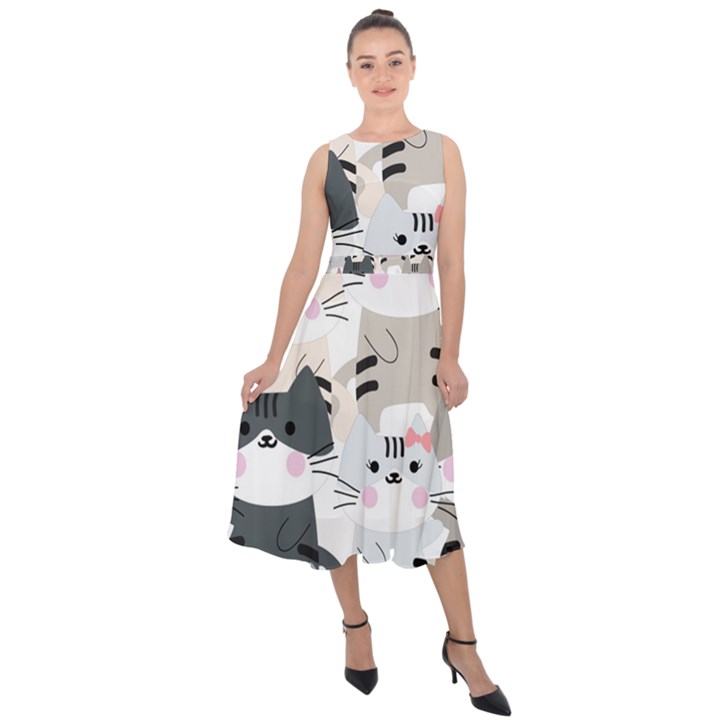 Cute-cat-couple-seamless-pattern-cartoon Midi Tie-Back Chiffon Dress