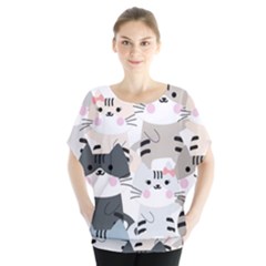 Cute-cat-couple-seamless-pattern-cartoon Batwing Chiffon Blouse