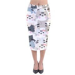 Cute-cat-couple-seamless-pattern-cartoon Velvet Midi Pencil Skirt by Jancukart