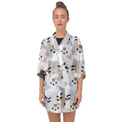 Cute-cat-couple-seamless-pattern-cartoon Half Sleeve Chiffon Kimono