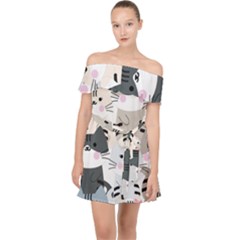 Cute-cat-couple-seamless-pattern-cartoon Off Shoulder Chiffon Dress