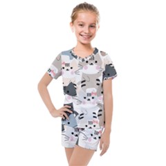 Cute-cat-couple-seamless-pattern-cartoon Kids  Mesh Tee And Shorts Set