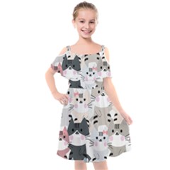 Cute-cat-couple-seamless-pattern-cartoon Kids  Cut Out Shoulders Chiffon Dress