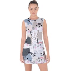 Cute-cat-couple-seamless-pattern-cartoon Lace Up Front Bodycon Dress by Jancukart