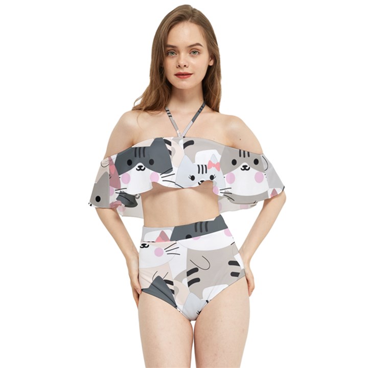 Cute-cat-couple-seamless-pattern-cartoon Halter Flowy Bikini Set 